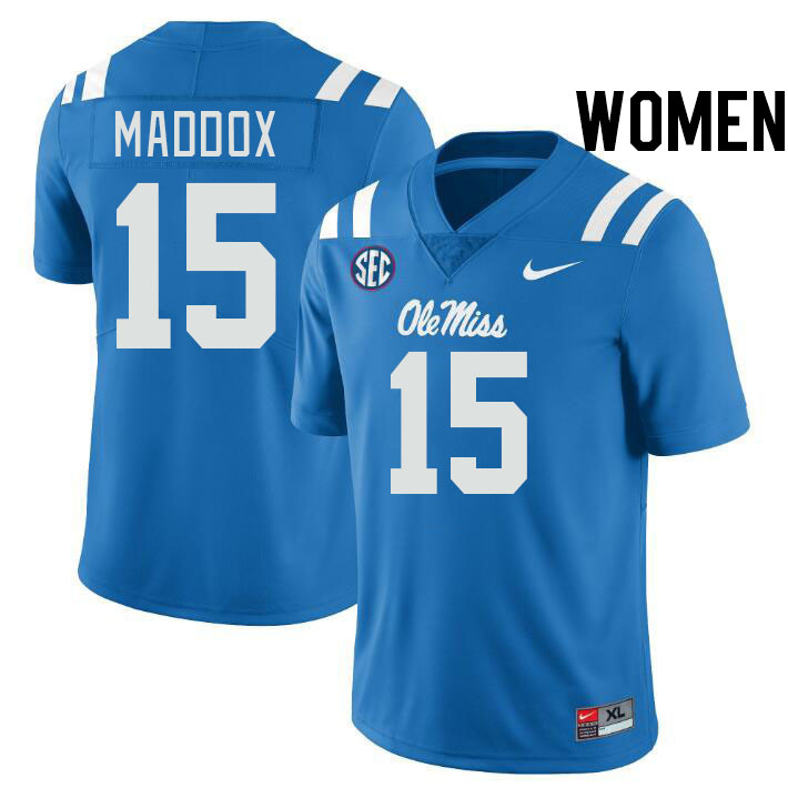 Women #15 AJ Maddox Ole Miss Rebels College Football Jerseys Stitched-Power Blue